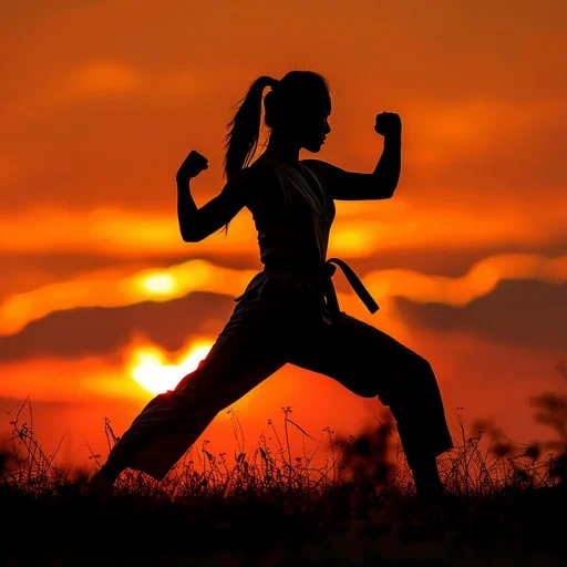 Martial artist training at sunset